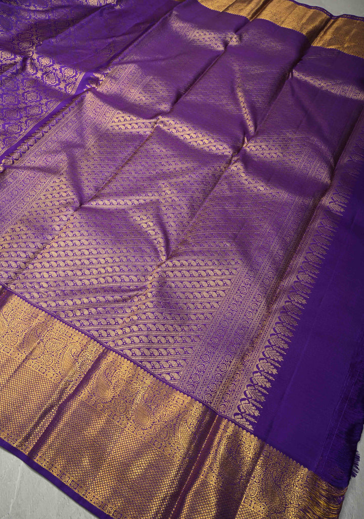 Deep Purple Kanjivaram Pure Silk Saree With Floral Brocade and Wide Zari Border | SILK MARK CERTIFIED
