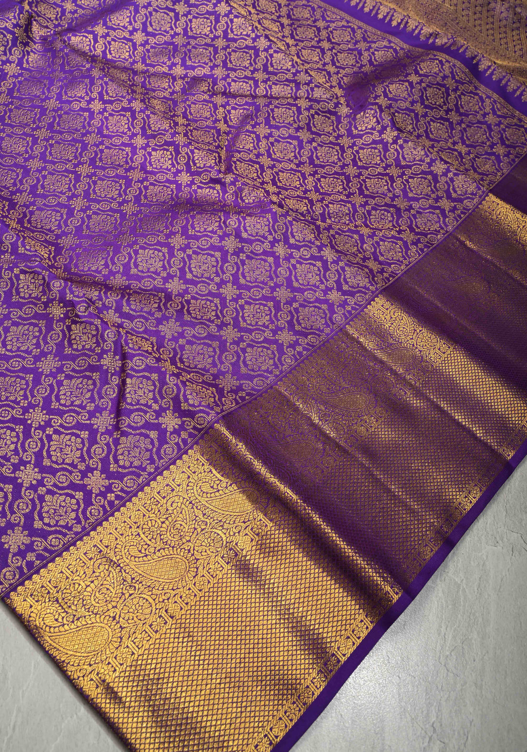 Deep Purple Kanjivaram Pure Silk Saree With Floral Brocade and Wide Zari Border | SILK MARK CERTIFIED