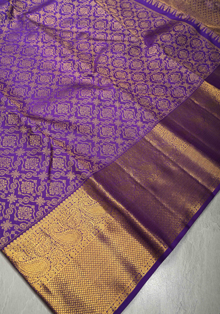 Deep Purple Kanjivaram Pure Silk Saree With Floral Brocade and Wide Zari Border | SILK MARK CERTIFIED