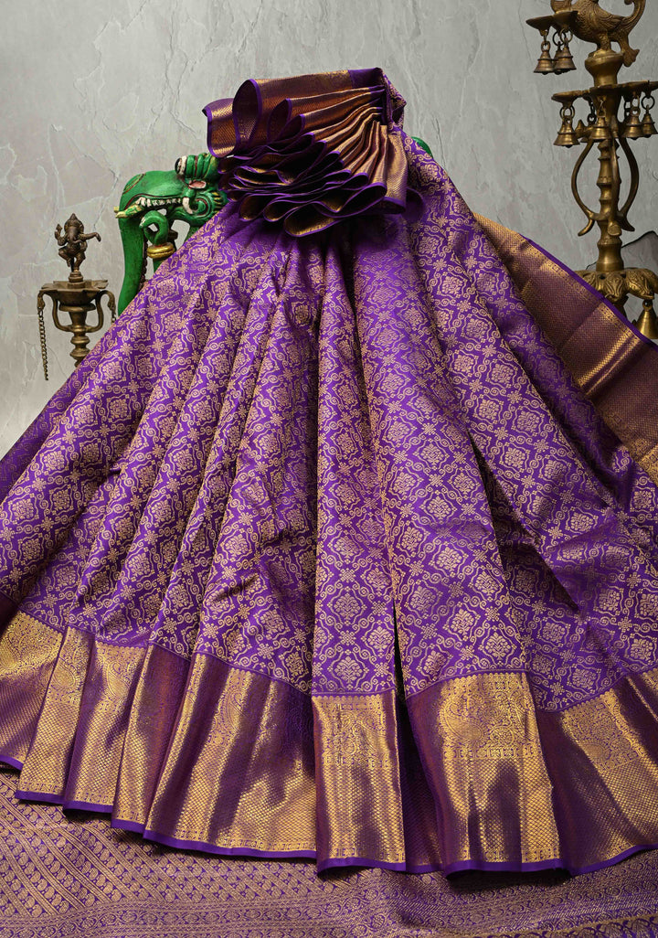 Deep Purple Kanjivaram Pure Silk Saree With Floral Brocade and Wide Zari Border | SILK MARK CERTIFIED