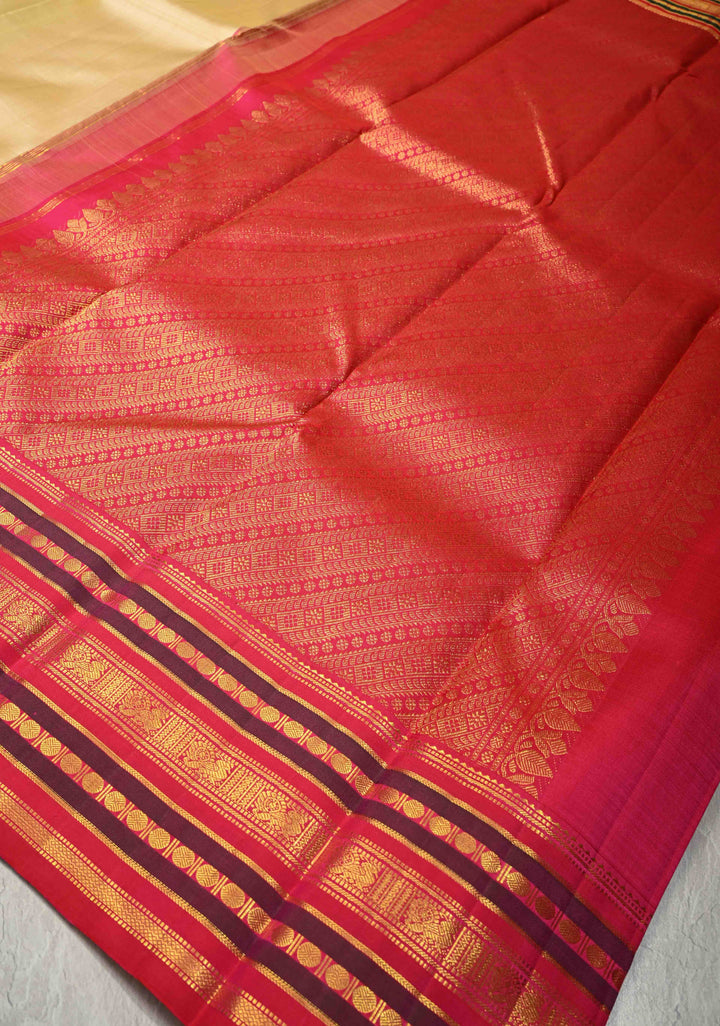 Beige Pure Kanjivaram Silk Saree with Contrast Korvai Zari Border | SILK MARK CERTIFIED