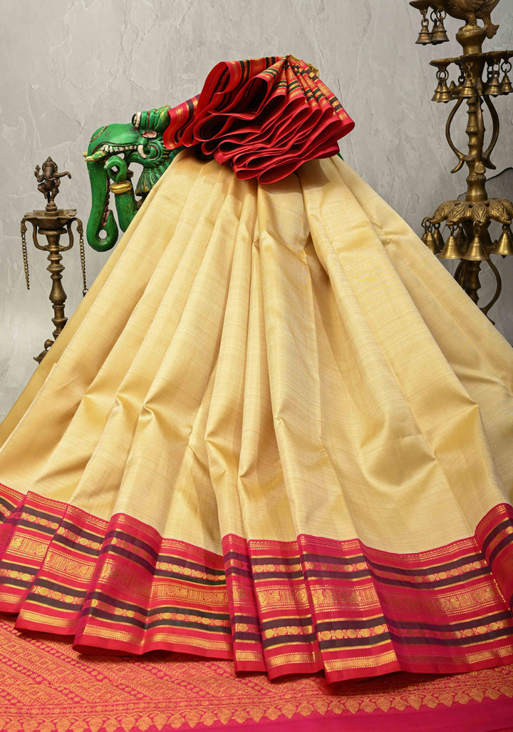 Beige Pure Kanjivaram Silk Saree with Contrast Korvai Zari Border | SILK MARK CERTIFIED