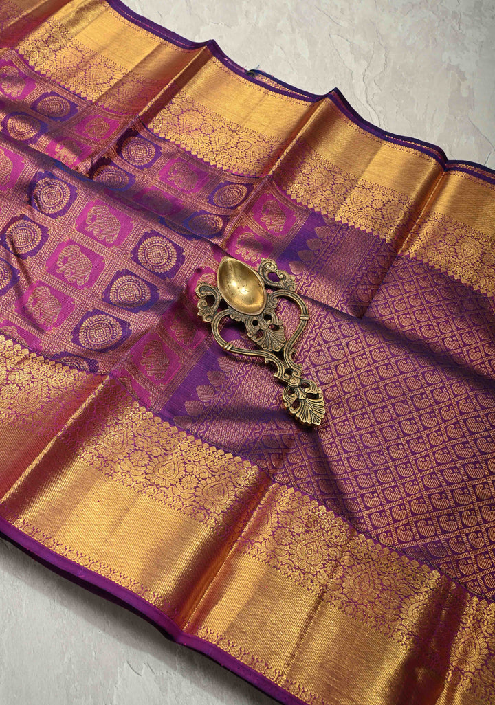 Purple-Pink Pure Kanjivaram Silk Saree with Patola Brocade and Zari Border | SILK MARK CERTIFIED