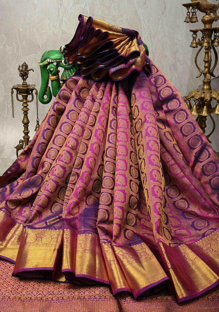 Purple-Pink Pure Kanjivaram Silk Saree with Patola Brocade and Zari Border | SILK MARK CERTIFIED