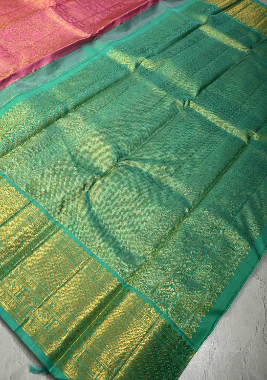 Korvai Rose Pink Pure Kanjivaram Silk Saree with Patola Brocade and Contrast Wide Zari Border | SILK MARK CERTIFIED | SHOBITAM