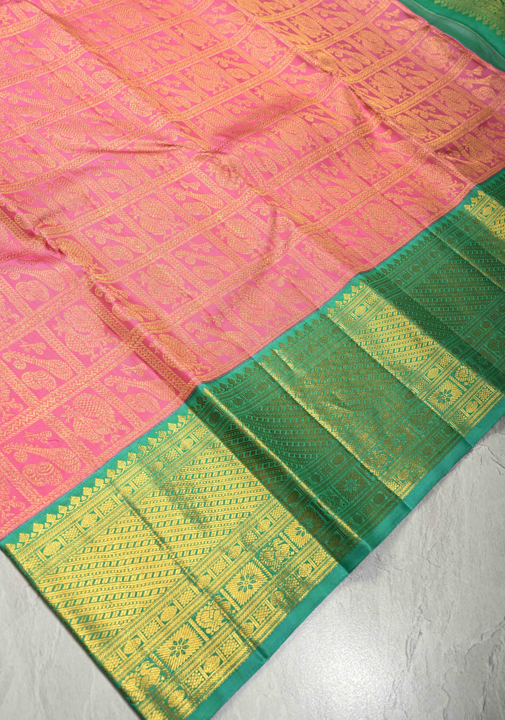 Korvai Rose Pink Pure Kanjivaram Silk Saree with Patola Brocade and Contrast Wide Zari Border | SILK MARK CERTIFIED | SHOBITAM