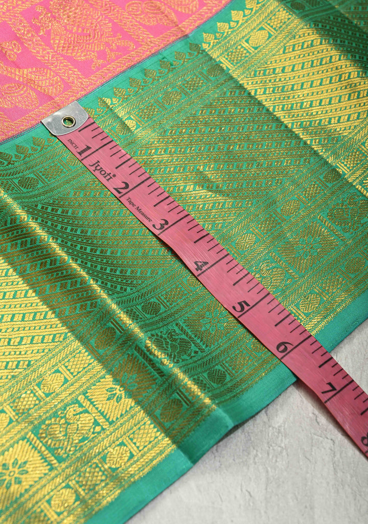 Korvai Rose Pink Pure Kanjivaram Silk Saree with Patola Brocade and Contrast Wide Zari Border | SILK MARK CERTIFIED | SHOBITAM