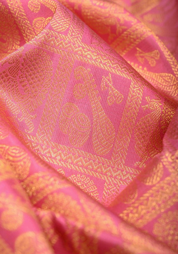 Korvai Rose Pink Pure Kanjivaram Silk Saree with Patola Brocade and Contrast Wide Zari Border | SILK MARK CERTIFIED | SHOBITAM