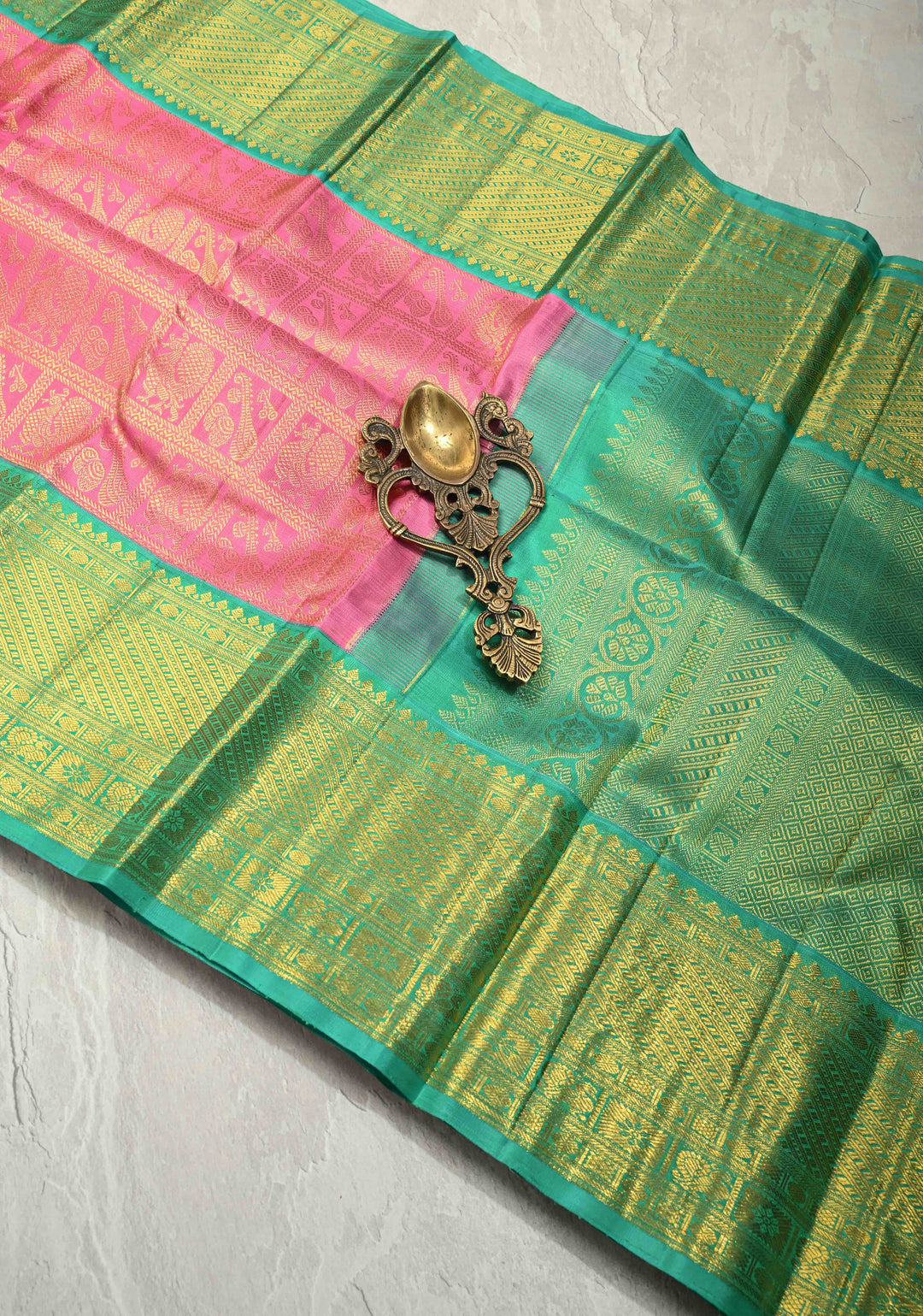 Korvai Rose Pink Pure Kanjivaram Silk Saree with Patola Brocade and Contrast Wide Zari Border | SILK MARK CERTIFIED | SHOBITAM