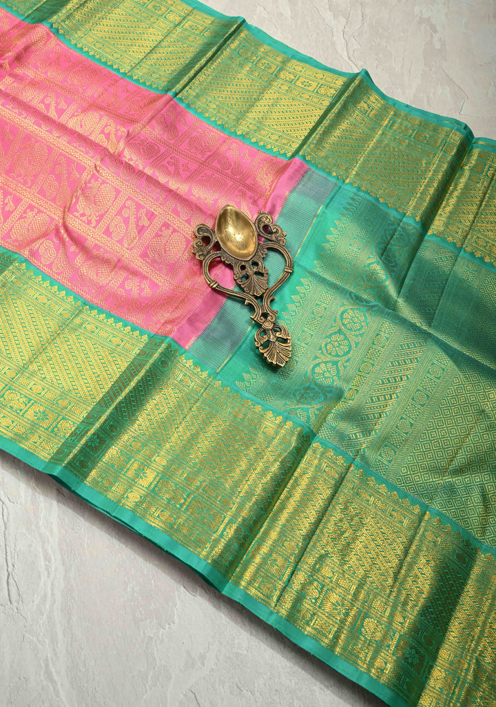 Korvai Rose Pink Pure Kanjivaram Silk Saree with Patola Brocade and Contrast Wide Zari Border | SILK MARK CERTIFIED | SHOBITAM