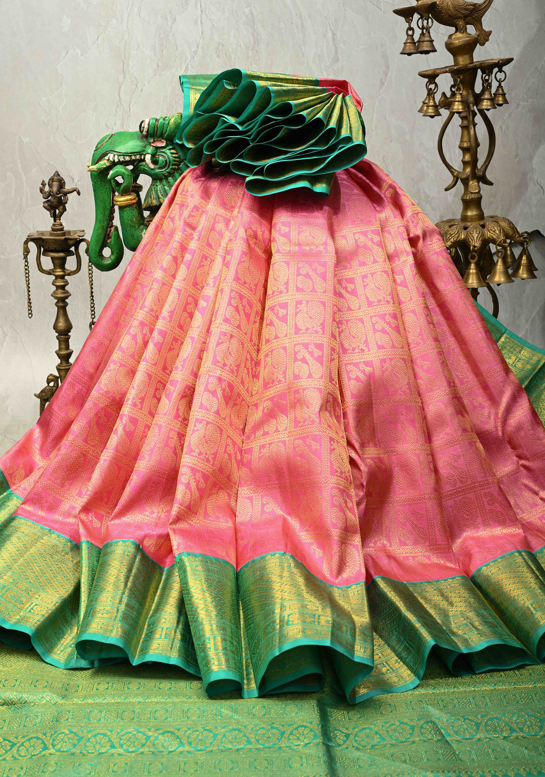 Korvai Rose Pink Pure Kanjivaram Silk Saree with Patola Brocade and Contrast Wide Zari Border | SILK MARK CERTIFIED | SHOBITAM