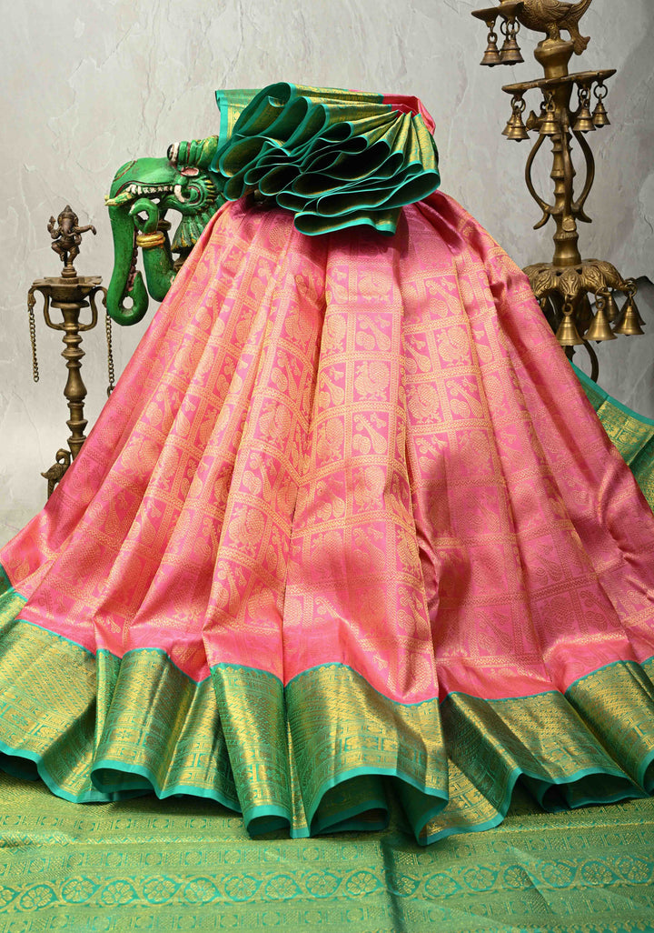 Korvai Rose Pink Pure Kanjivaram Silk Saree with Patola Brocade and Contrast Wide Zari Border | SILK MARK CERTIFIED | SHOBITAM