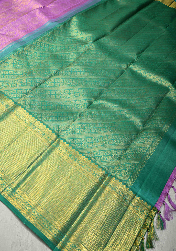 2 gm zari Lavender Korvai Kanjivaram Pure Silk Saree With Patola Brocade and Contrast Wide Zari Border | SILK MARK CERTIFIED