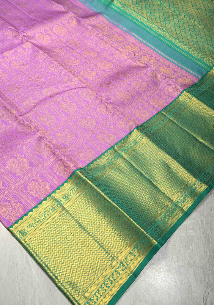 2 gm zari Lavender Korvai Kanjivaram Pure Silk Saree With Patola Brocade and Contrast Wide Zari Border | SILK MARK CERTIFIED