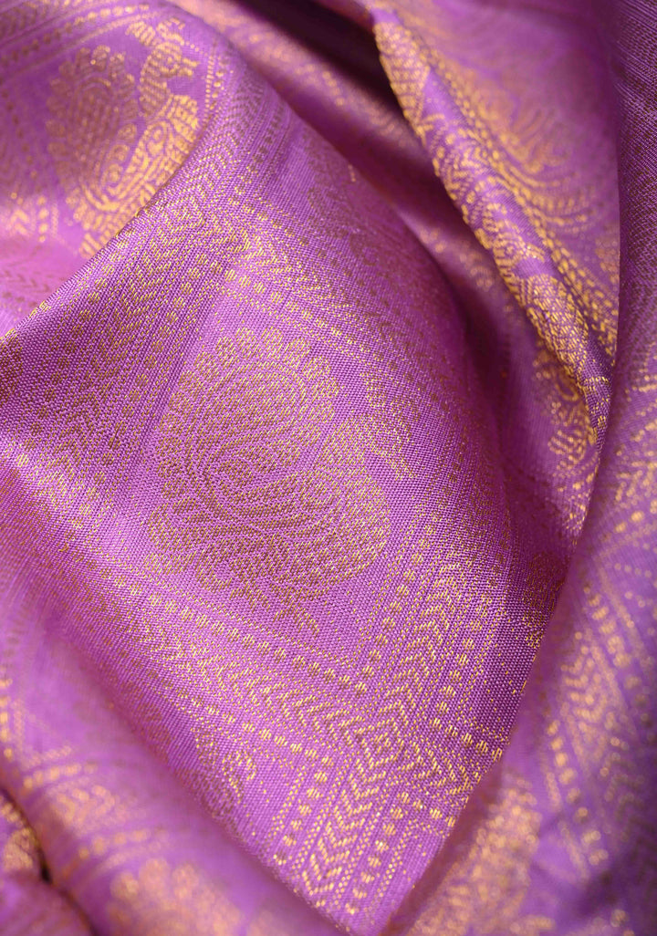 2 gm zari Lavender Korvai Kanjivaram Pure Silk Saree With Patola Brocade and Contrast Wide Zari Border | SILK MARK CERTIFIED