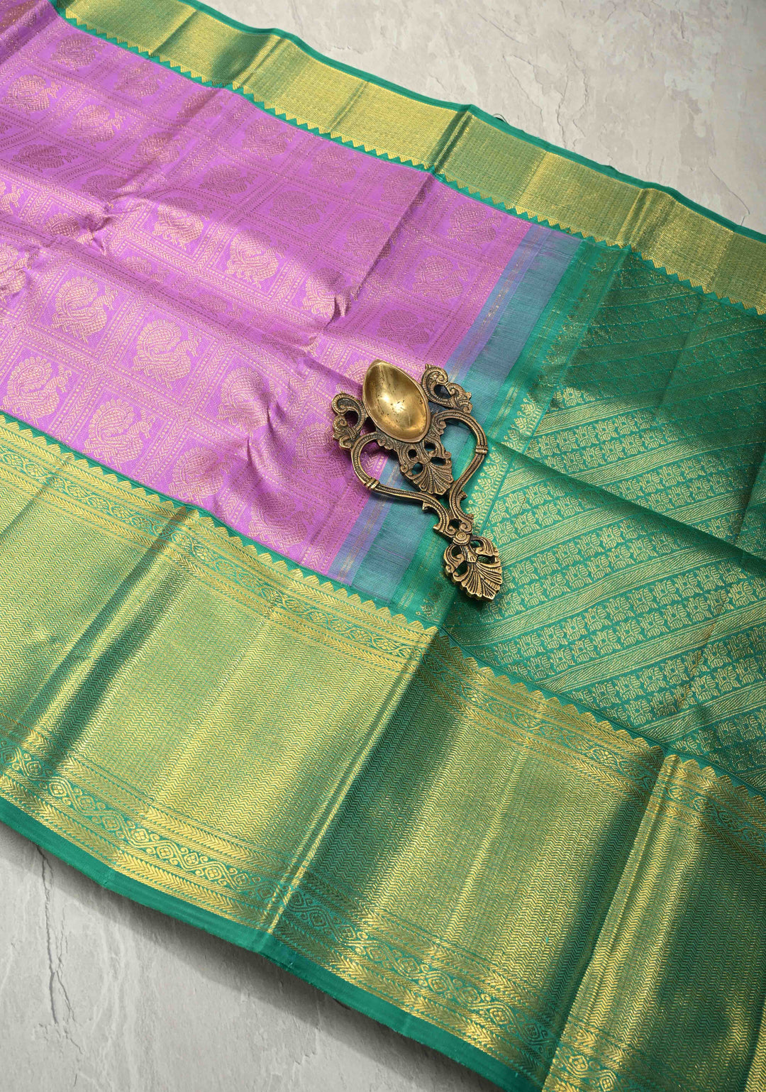 2 gm zari Lavender Korvai Kanjivaram Pure Silk Saree With Patola Brocade and Contrast Wide Zari Border | SILK MARK CERTIFIED