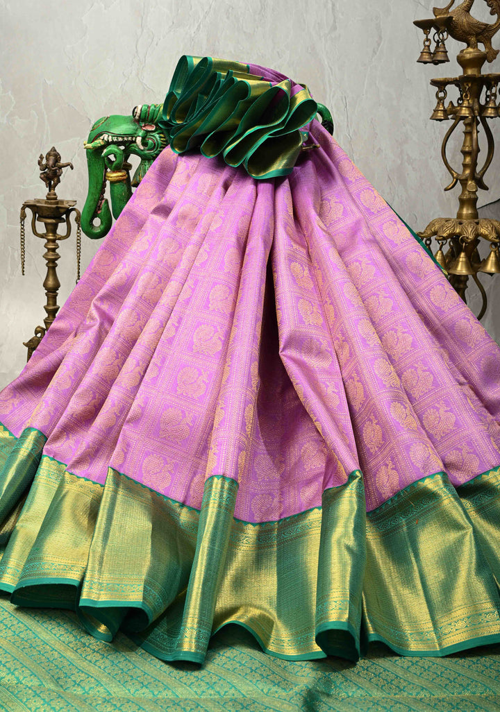 2 gm zari Lavender Korvai Kanjivaram Pure Silk Saree With Patola Brocade and Contrast Wide Zari Border | SILK MARK CERTIFIED