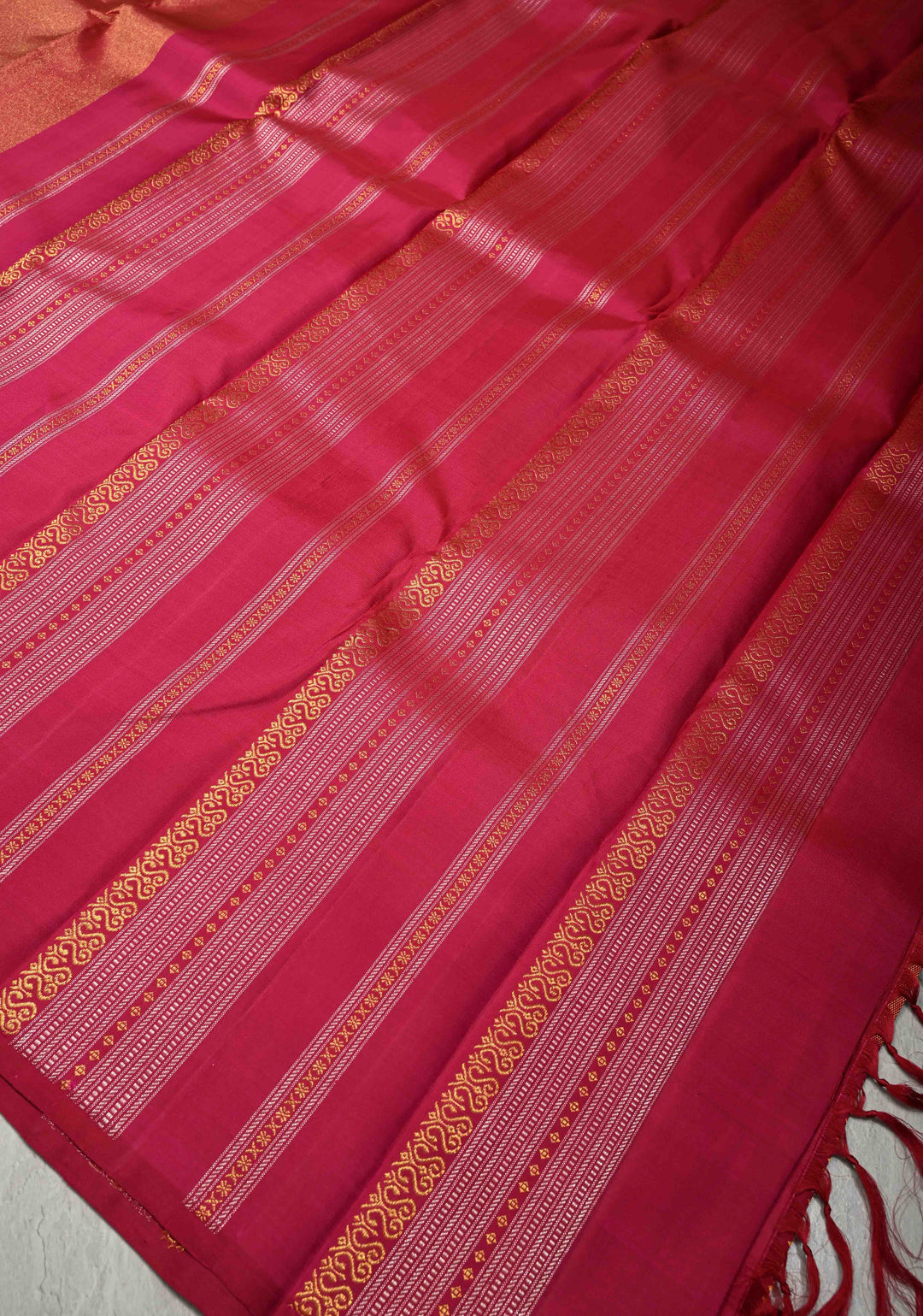Maroon Tissue Kanjivaram Pure Silk Saree with Gold and Siver Ornate Stripes on Pink  Border | SILK MARK CERTIFIED