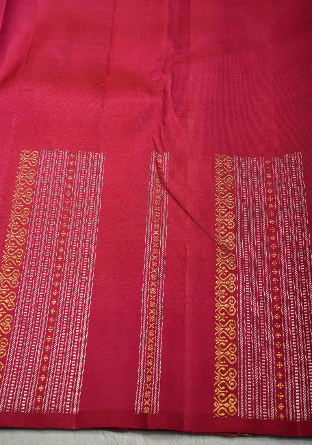 Maroon Tissue Kanjivaram Pure Silk Saree with Gold and Siver Ornate Stripes on Pink  Border | SILK MARK CERTIFIED