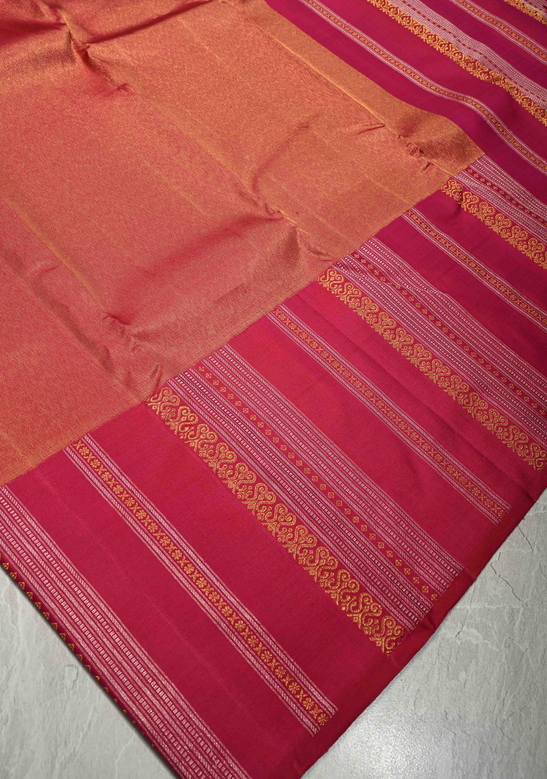 Maroon Tissue Kanjivaram Pure Silk Saree with Gold and Siver Ornate Stripes on Pink  Border | SILK MARK CERTIFIED