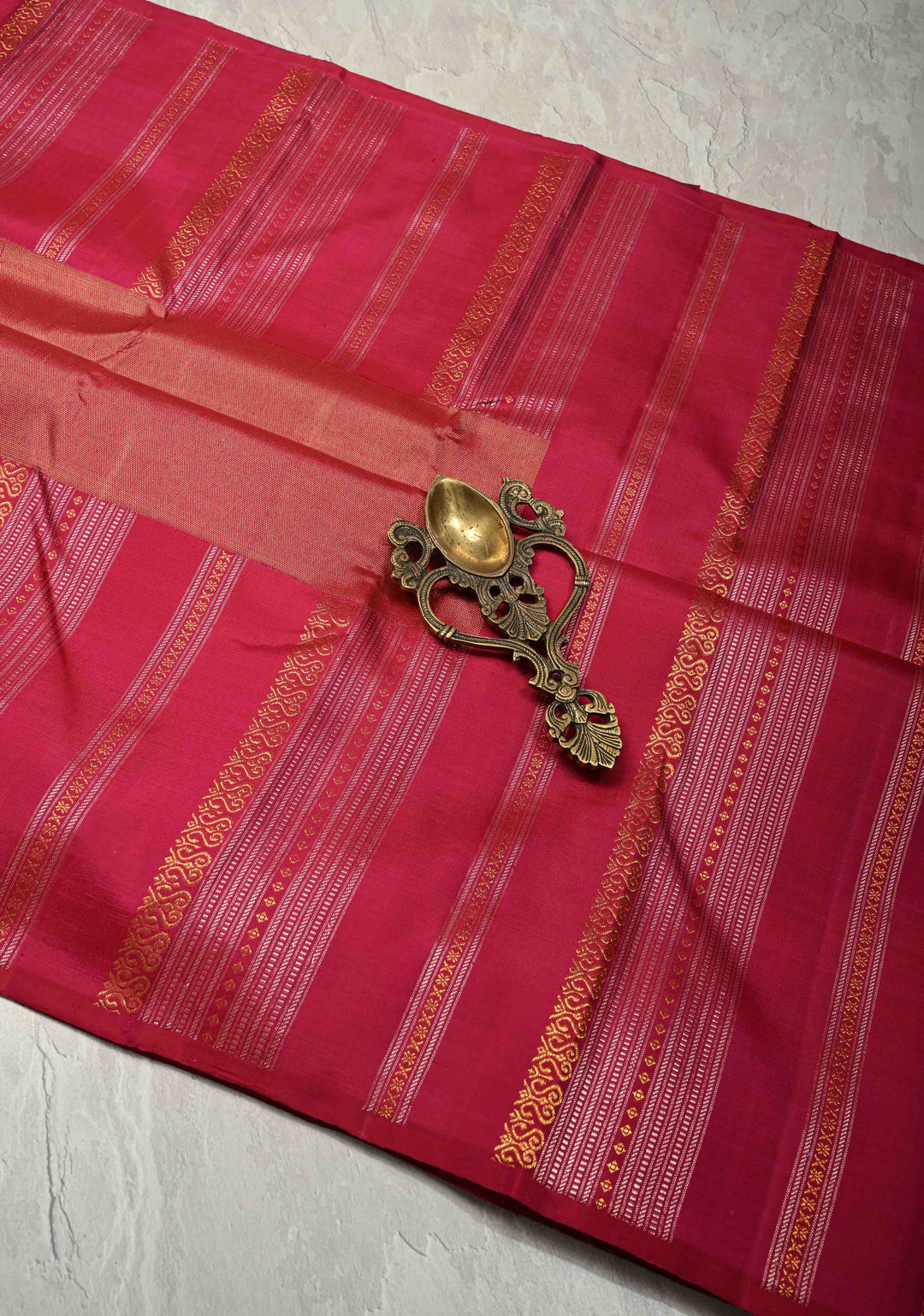 Maroon Tissue Kanjivaram Pure Silk Saree with Gold and Siver Ornate Stripes on Pink  Border | SILK MARK CERTIFIED