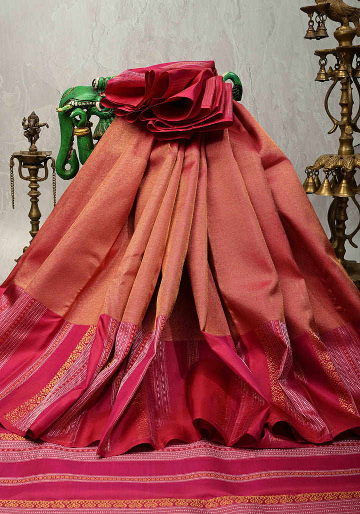 Maroon Tissue Kanjivaram Pure Silk Saree with Gold and Siver Ornate Stripes on Pink  Border | SILK MARK CERTIFIED