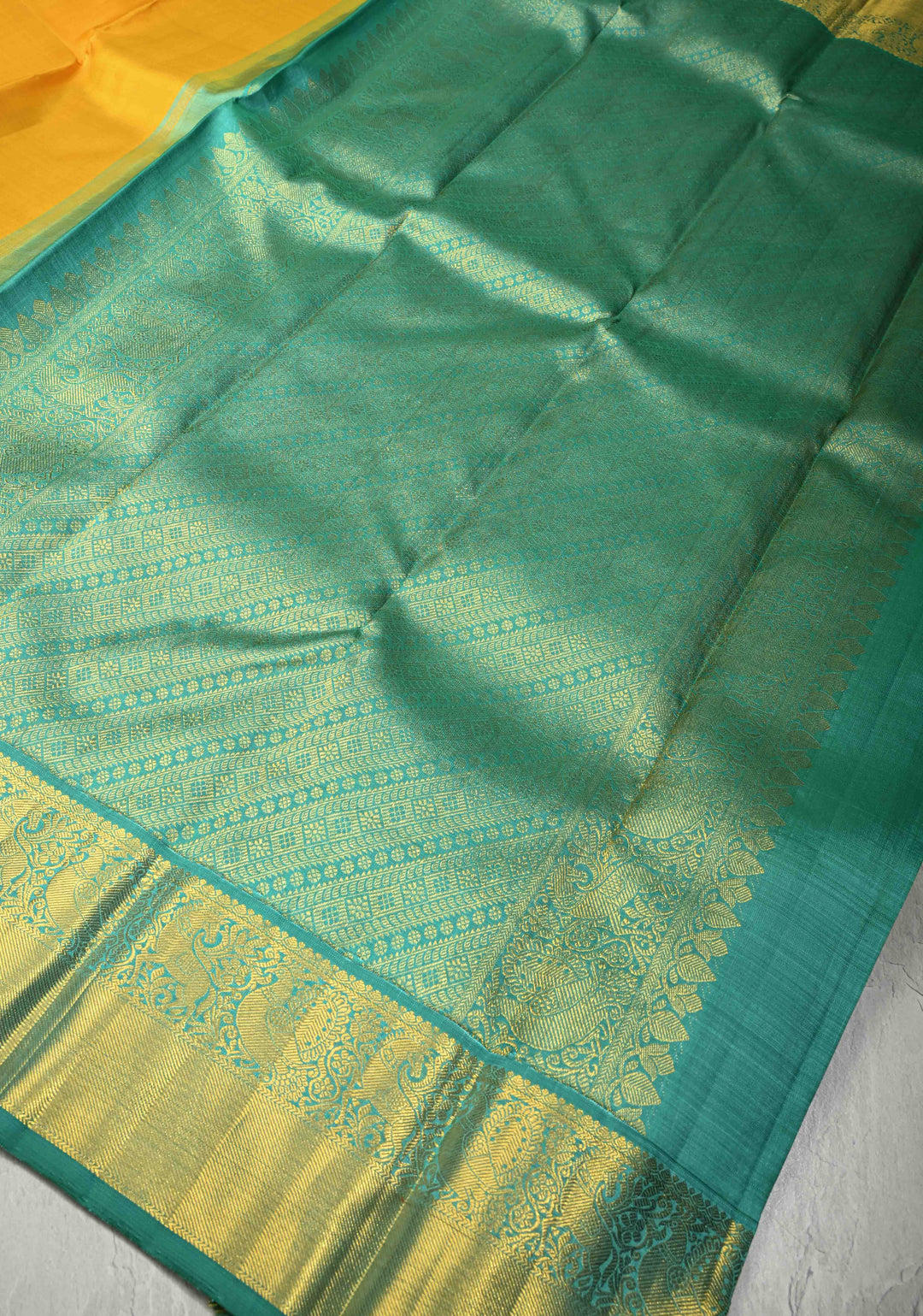 Marigold Yellow Pure Kanjivaram Silk Saree with Contrast Korvai Zari Border | SILK MARK CERTIFIED