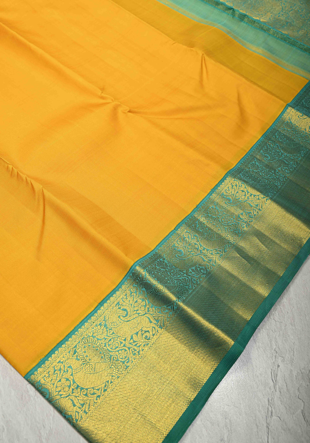 Marigold Yellow Pure Kanjivaram Silk Saree with Contrast Korvai Zari Border | SILK MARK CERTIFIED
