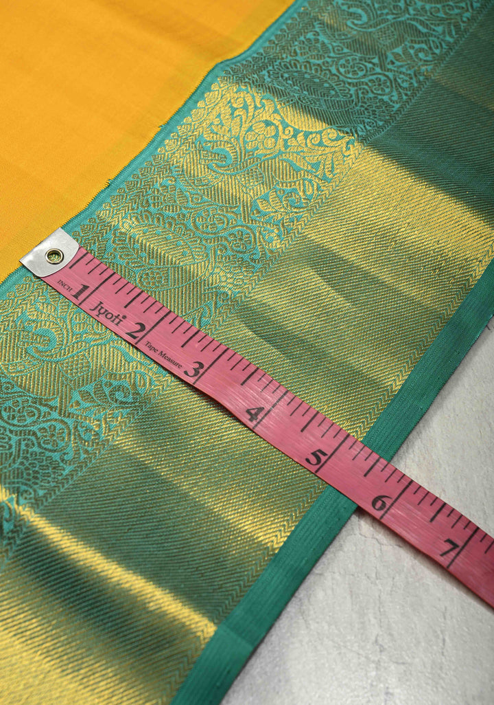 Marigold Yellow Pure Kanjivaram Silk Saree with Contrast Korvai Zari Border | SILK MARK CERTIFIED