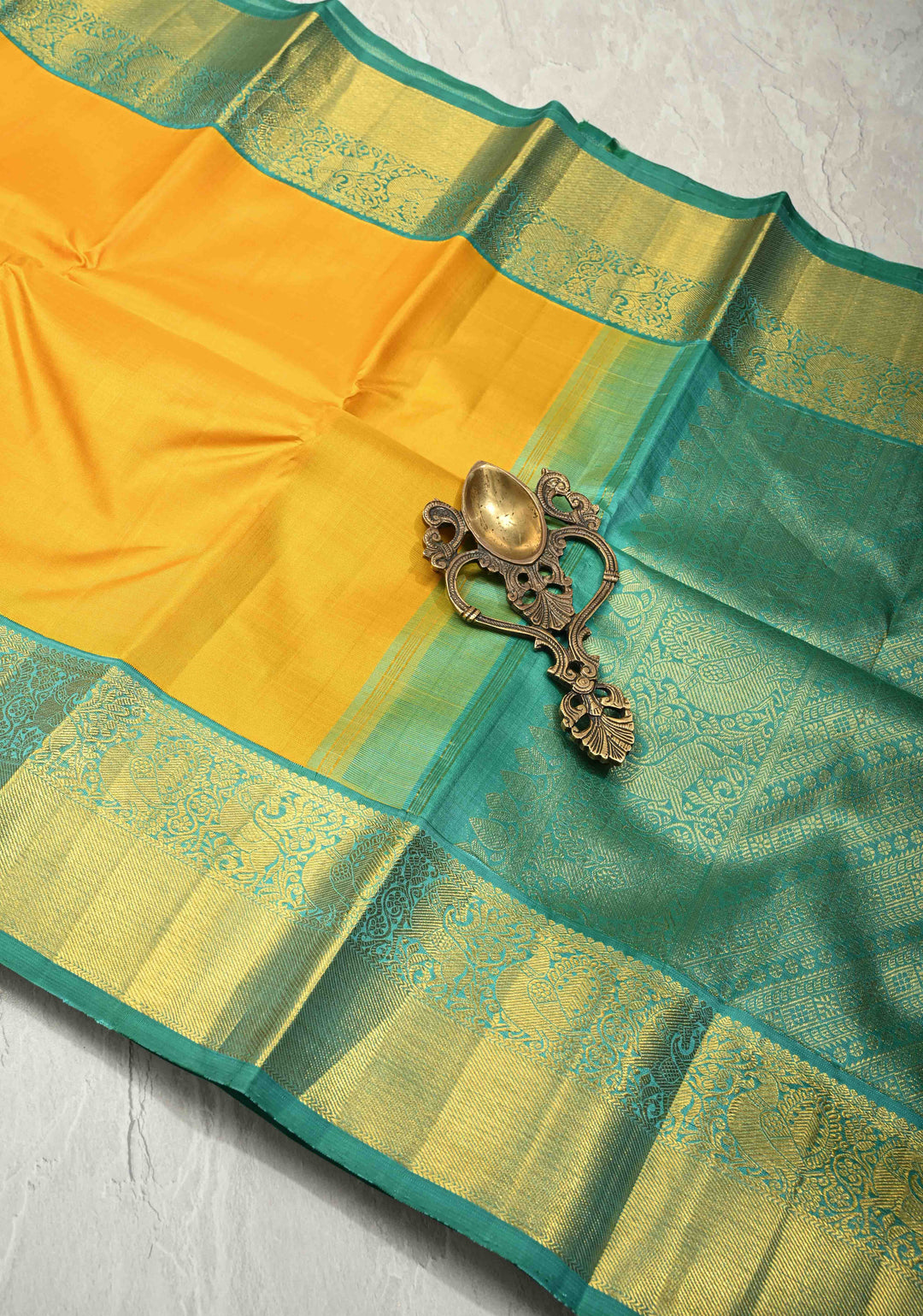 Marigold Yellow Pure Kanjivaram Silk Saree with Contrast Korvai Zari Border | SILK MARK CERTIFIED