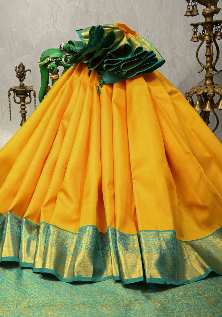 Marigold Yellow Pure Kanjivaram Silk Saree with Contrast Korvai Zari Border | SILK MARK CERTIFIED