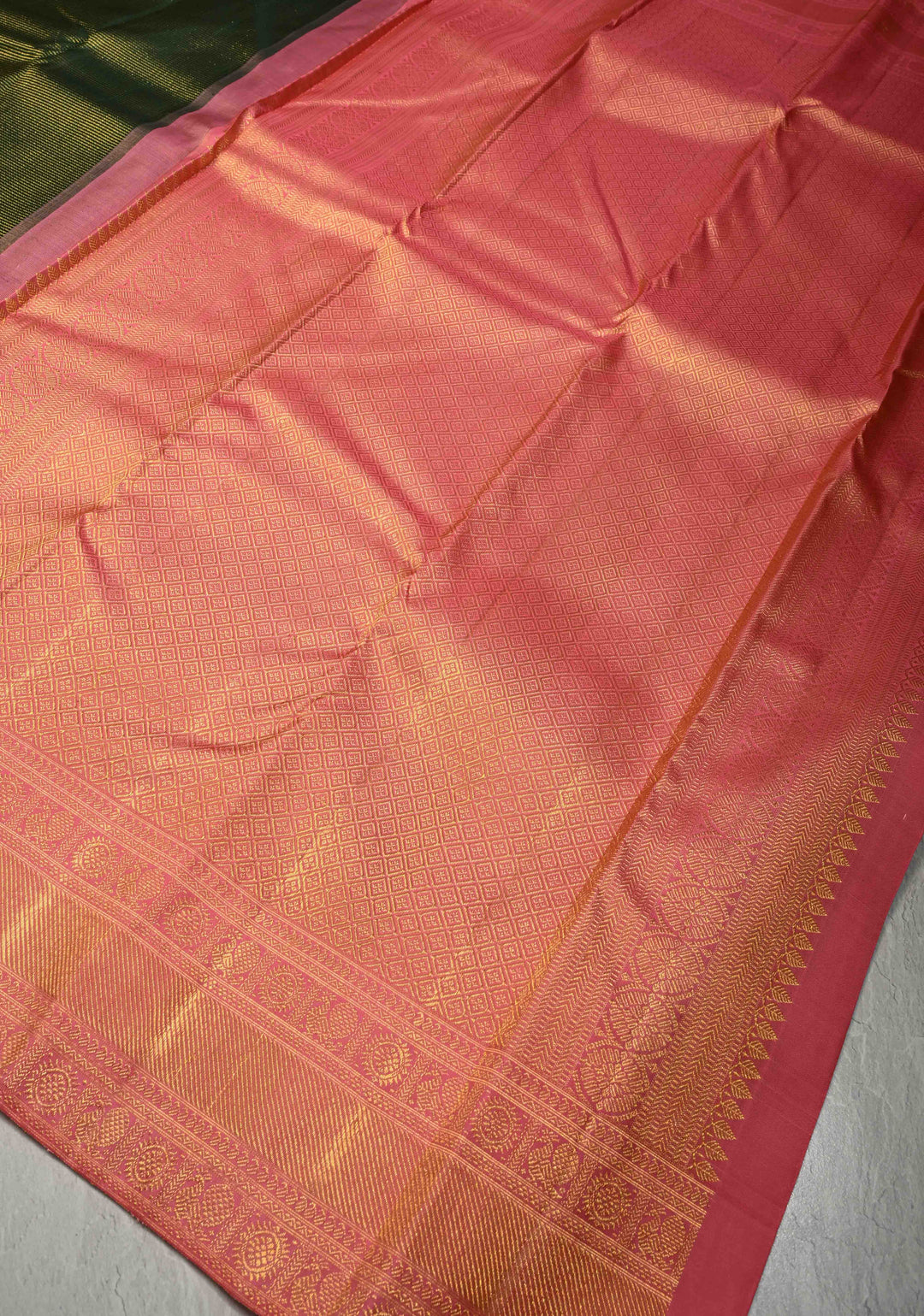 2 gm zari Forest Green Pure Kanjivaram Silk Saree with Zari Stripes and Contrast Korvai Zari Border | SILK MARK CERTIFIED