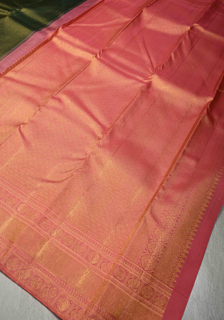 2 gm zari Forest Green Pure Kanjivaram Silk Saree with Zari Stripes and Contrast Korvai Zari Border | SILK MARK CERTIFIED