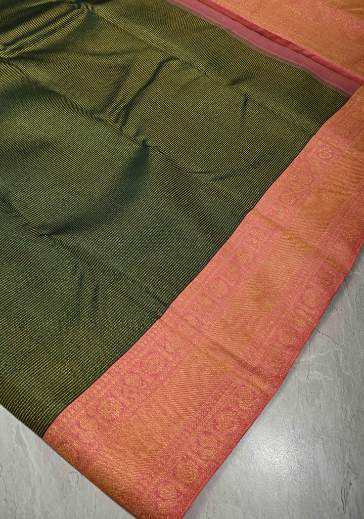 2 gm zari Forest Green Pure Kanjivaram Silk Saree with Zari Stripes and Contrast Korvai Zari Border | SILK MARK CERTIFIED