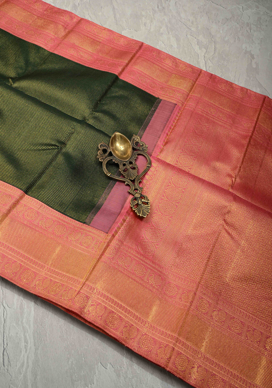 2 gm zari Forest Green Pure Kanjivaram Silk Saree with Zari Stripes and Contrast Korvai Zari Border | SILK MARK CERTIFIED