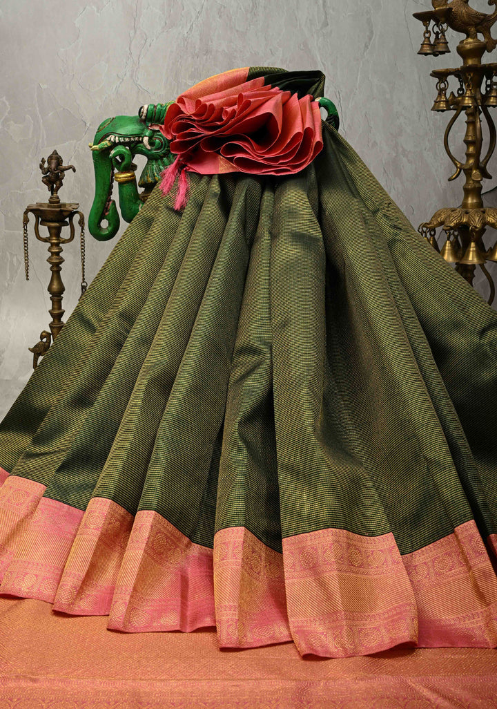 2 gm zari Forest Green Pure Kanjivaram Silk Saree with Zari Stripes and Contrast Korvai Zari Border | SILK MARK CERTIFIED