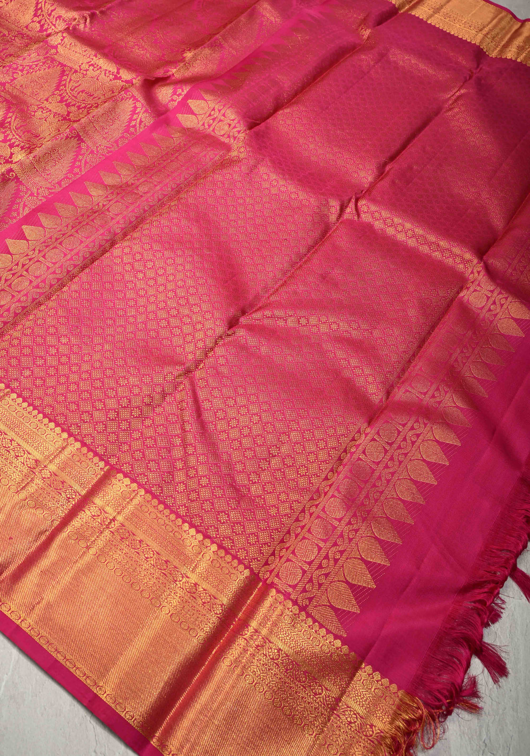 Deep Pink Kanjivaram Pure Silk Saree With Vanasingaram Brocade and Wide Zari Border | SILK MARK CERTIFIED
