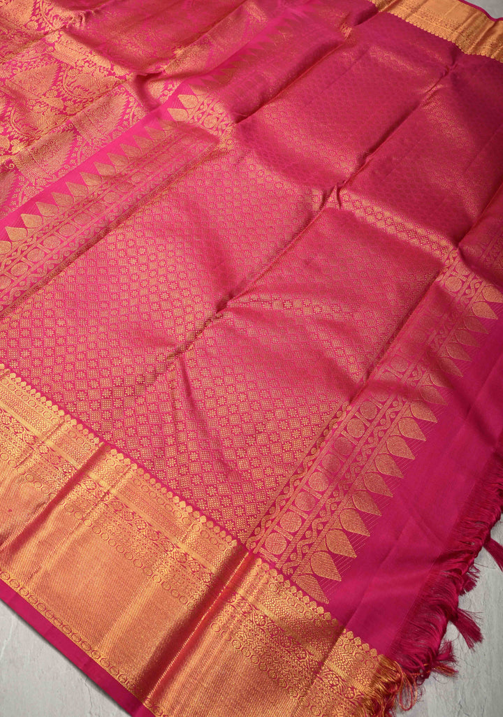 Deep Pink Kanjivaram Pure Silk Saree With Vanasingaram Brocade and Wide Zari Border | SILK MARK CERTIFIED