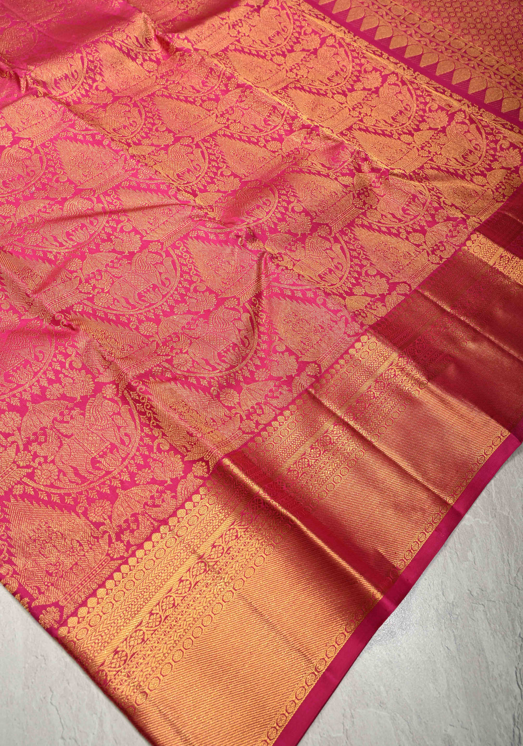 Deep Pink Kanjivaram Pure Silk Saree With Vanasingaram Brocade and Wide Zari Border | SILK MARK CERTIFIED