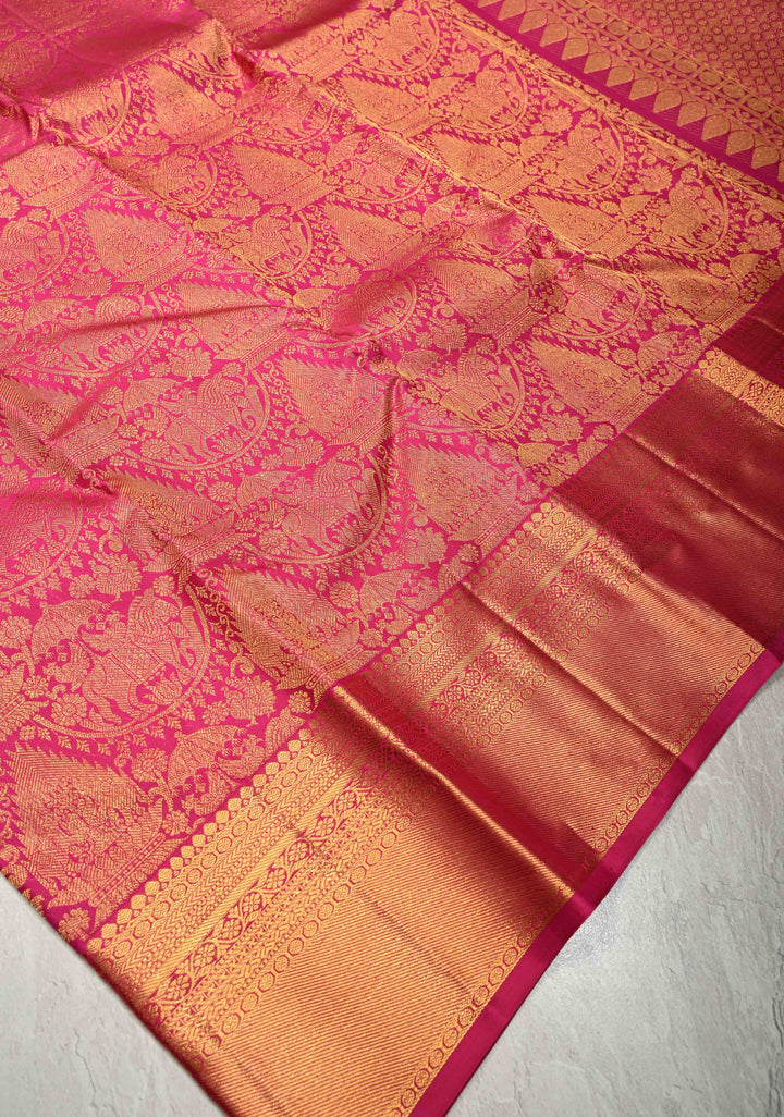 Deep Pink Kanjivaram Pure Silk Saree With Vanasingaram Brocade and Wide Zari Border | SILK MARK CERTIFIED