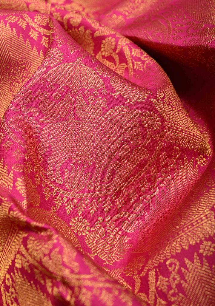 Deep Pink Kanjivaram Pure Silk Saree With Vanasingaram Brocade and Wide Zari Border | SILK MARK CERTIFIED