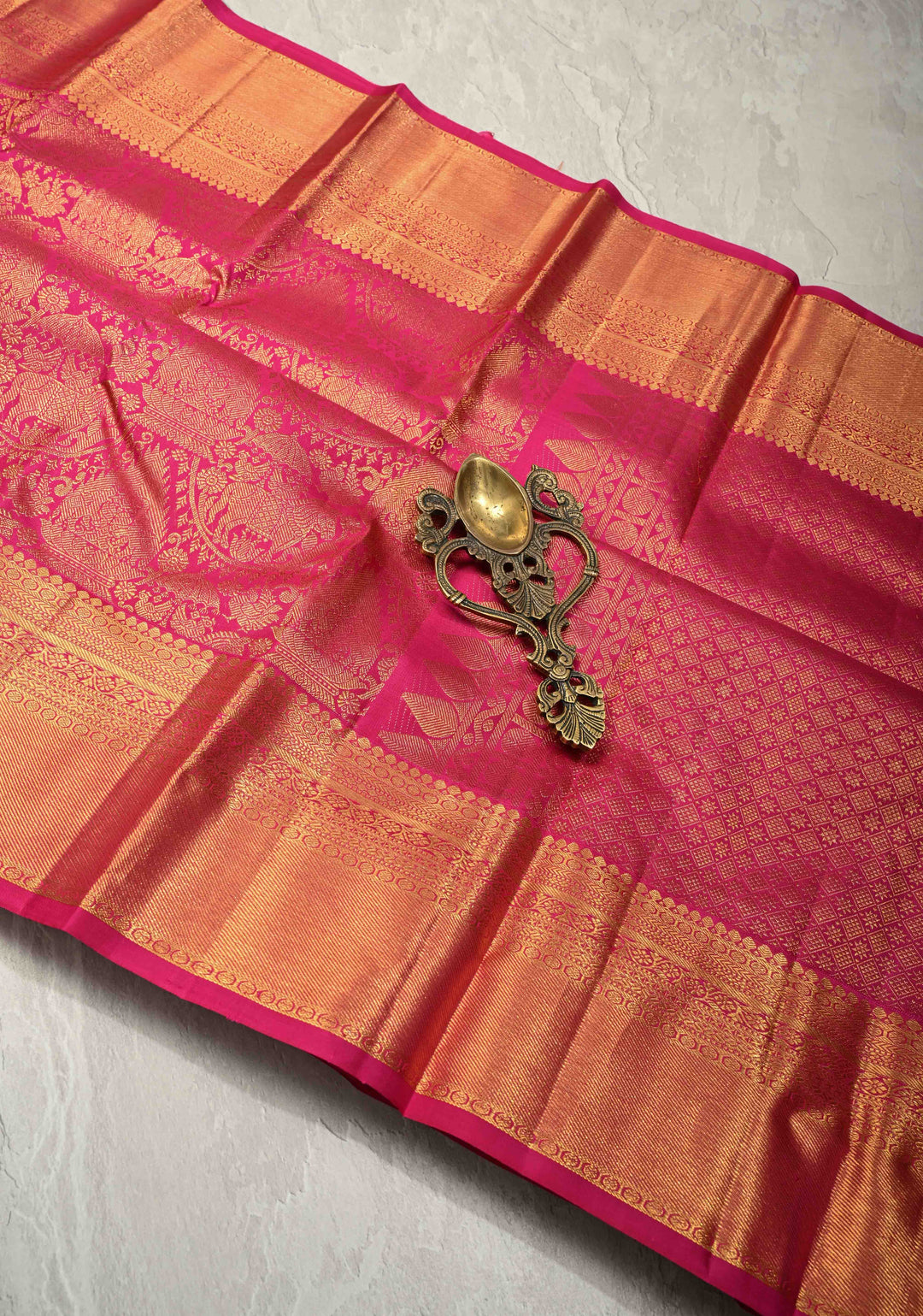 Deep Pink Kanjivaram Pure Silk Saree With Vanasingaram Brocade and Wide Zari Border | SILK MARK CERTIFIED