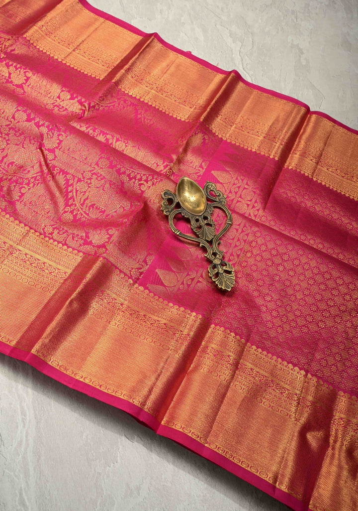 Deep Pink Kanjivaram Pure Silk Saree With Vanasingaram Brocade and Wide Zari Border | SILK MARK CERTIFIED