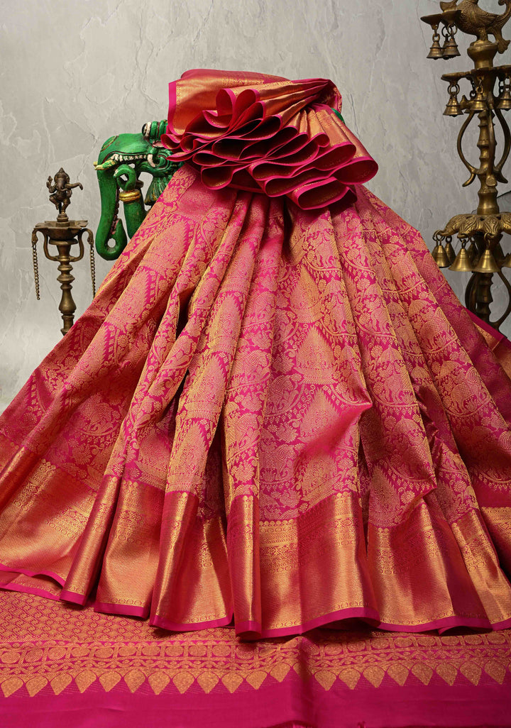 Deep Pink Kanjivaram Pure Silk Saree With Vanasingaram Brocade and Wide Zari Border | SILK MARK CERTIFIED