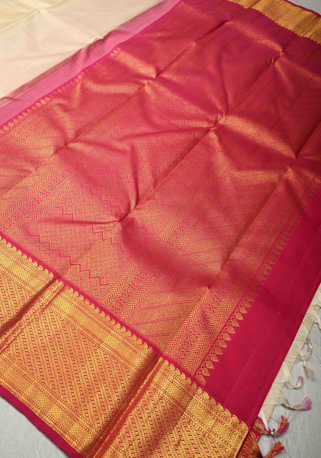 Ivory Pure Kanjivaram Silk Saree with Contrast Korvai Zari Border | SILK MARK CERTIFIED