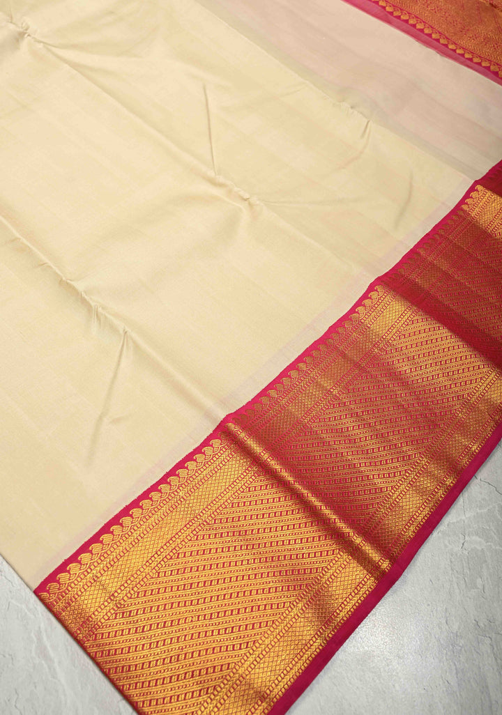 Ivory Pure Kanjivaram Silk Saree with Contrast Korvai Zari Border | SILK MARK CERTIFIED