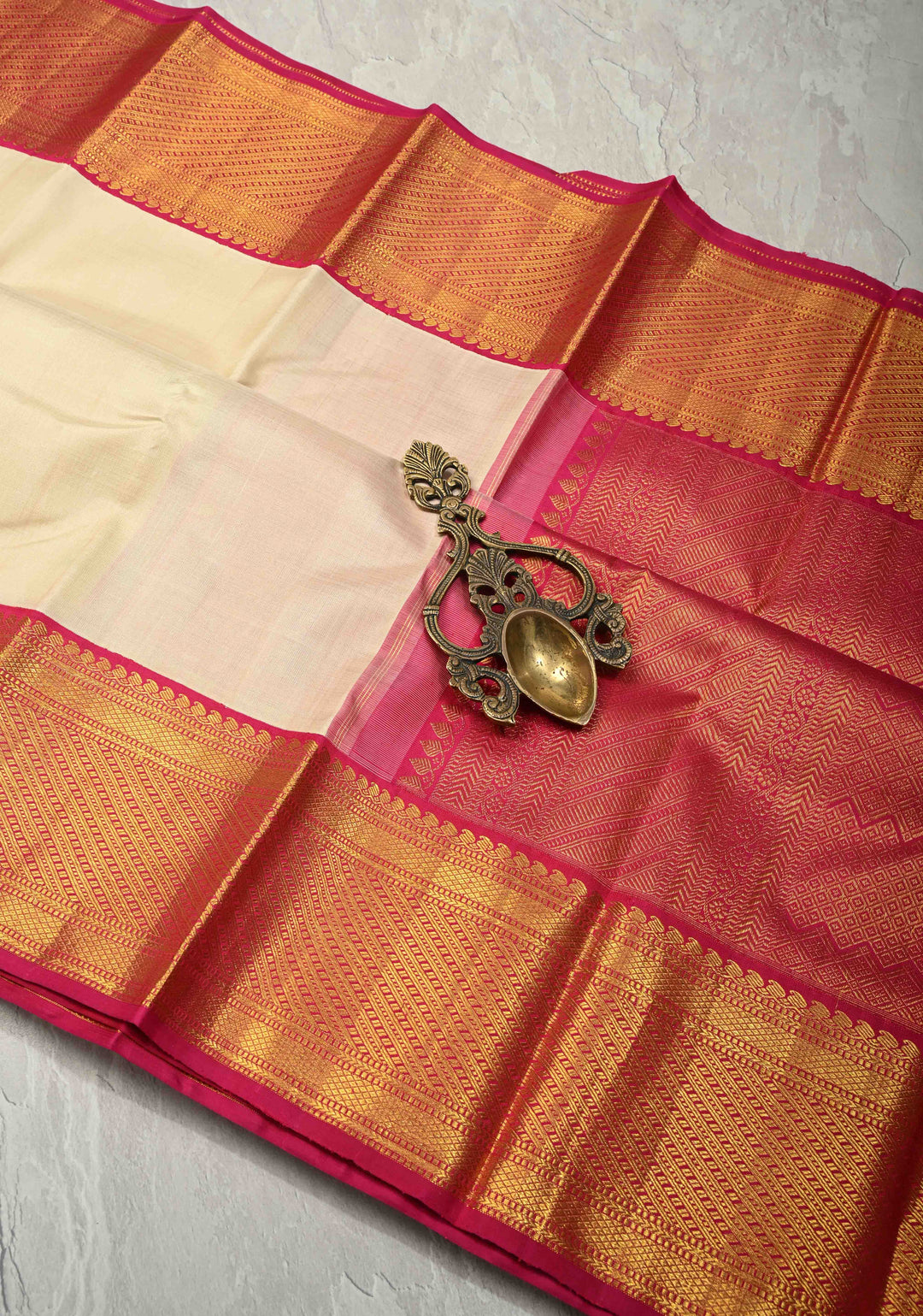 Ivory Pure Kanjivaram Silk Saree with Contrast Korvai Zari Border | SILK MARK CERTIFIED
