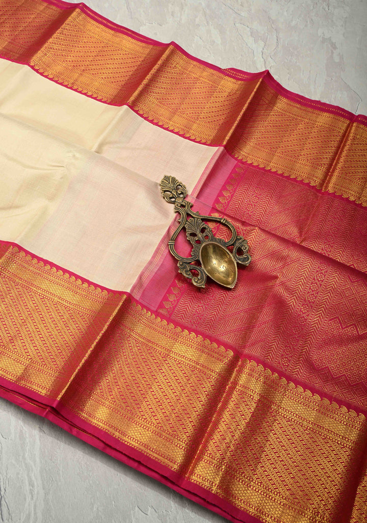 Ivory Pure Kanjivaram Silk Saree with Contrast Korvai Zari Border | SILK MARK CERTIFIED