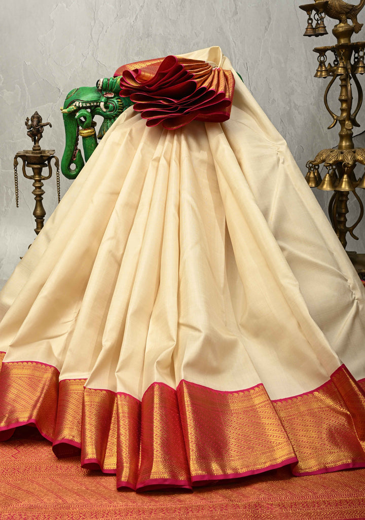 Ivory Pure Kanjivaram Silk Saree with Contrast Korvai Zari Border | SILK MARK CERTIFIED