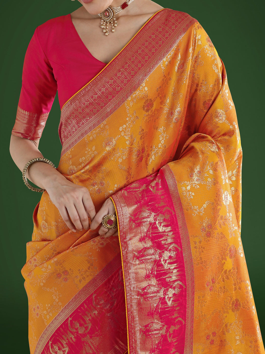 Orange Banarasi Semi Silk Saree With Zari Woven Design | SHOBITAM